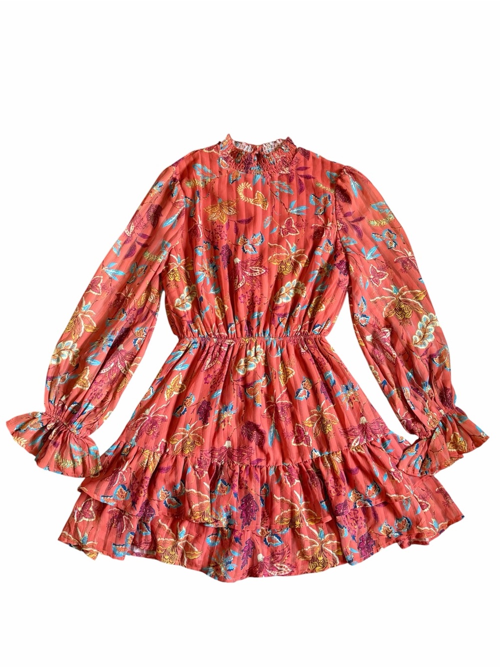 A. Calin by Flying Tomato Floral Coral Orange Long-Sleeve RuffleTiered Dress M